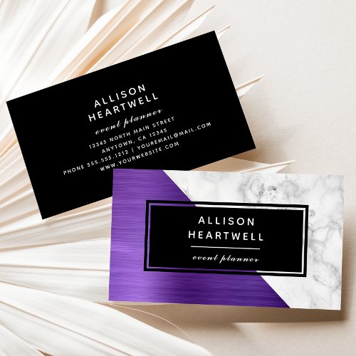 Modern Purple Brushed Metal White Marble Black Business Card