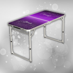 Modern Purple Brushed Metal with Silver Monogram Beer Pong Table