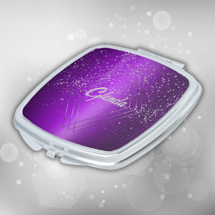 Modern Purple Brushed Metal with Silver Monogram   Compact Mirror