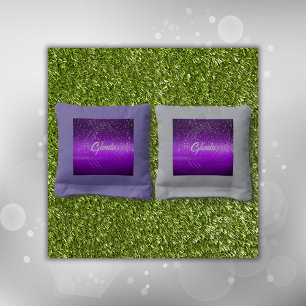 Modern Purple Brushed Metal with Silver Monogram   Cornhole Bags