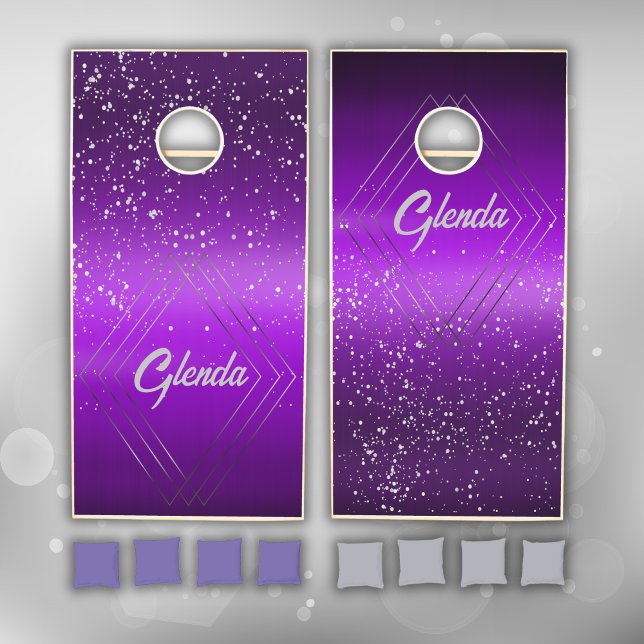 Modern Purple Brushed Metal with Silver Monogram | Cornhole Set (Creator Uploaded)
