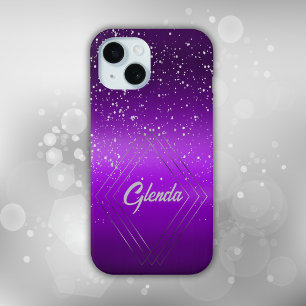Modern Purple Brushed Metal with Silver Monogram iPhone 15 Case