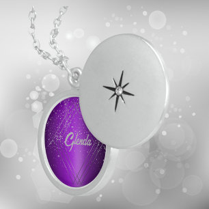 Modern Purple Brushed Metal with Silver Monogram   Locket Necklace