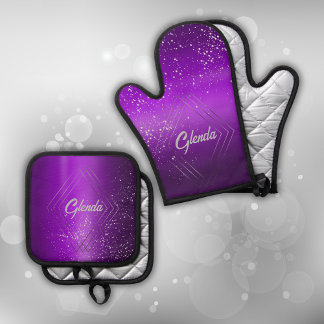 Modern Purple Brushed Metal with Silver Monogram | Oven Mitt & Pot Holder Set