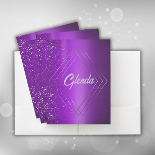 Modern Purple Brushed Metal with Silver Monogram   Pocket Folder