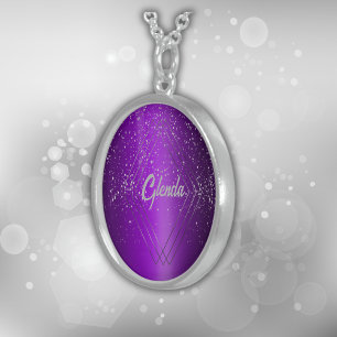 Modern Purple Brushed Metal with Silver Monogram   Sterling Silver Necklace