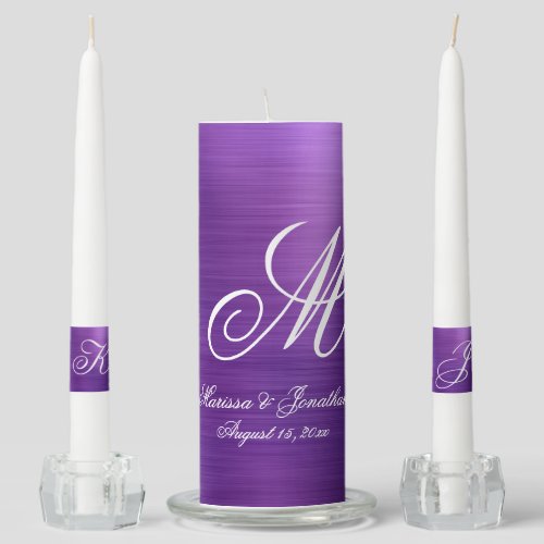 Modern Purple Brushed Metallic Monogram Wedding Unity Candle Set