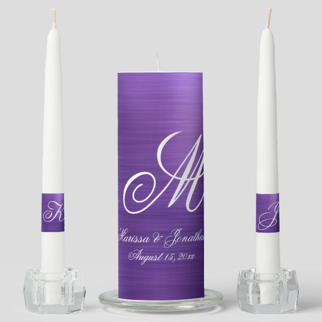 Modern Purple Brushed Metallic Monogram Wedding Unity Candle Set (Front)