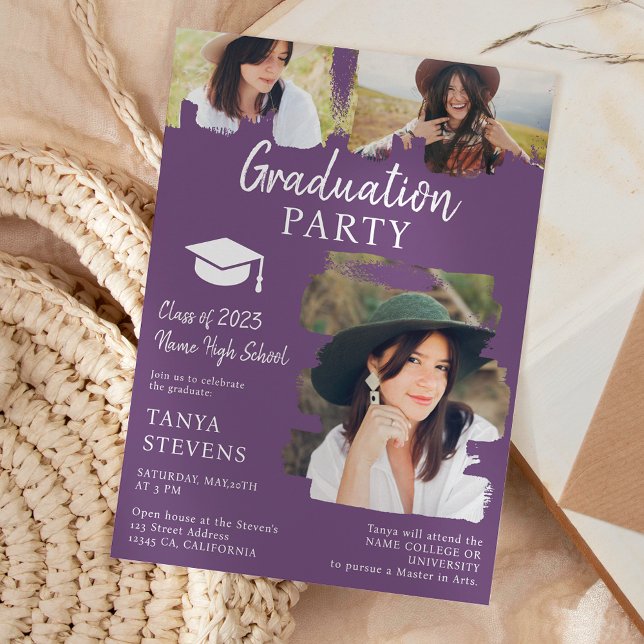 Modern purple Brushstroke 3 photos graduation Invitation (Creator Uploaded)