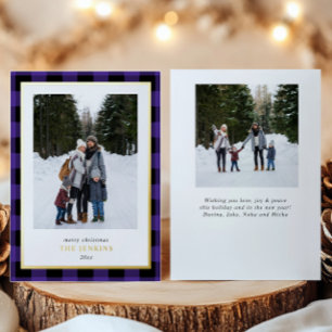 Modern Purple Buffalo Plaid Christmas Two Photos Foil Holiday Card