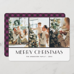 Modern Purple Buffalo Plaid Photo Christmas Cards