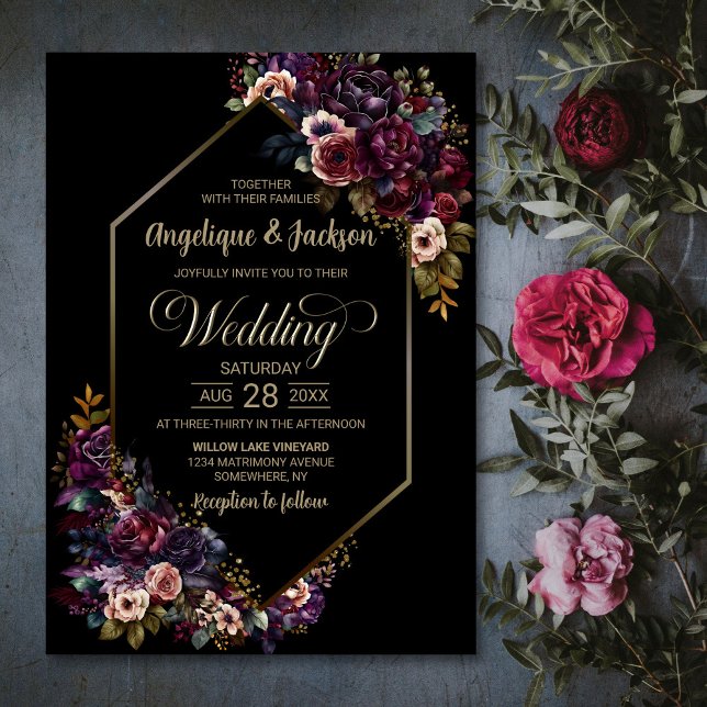 Modern Purple Burgundy Black Floral Wedding Invitation (Creator Uploaded)