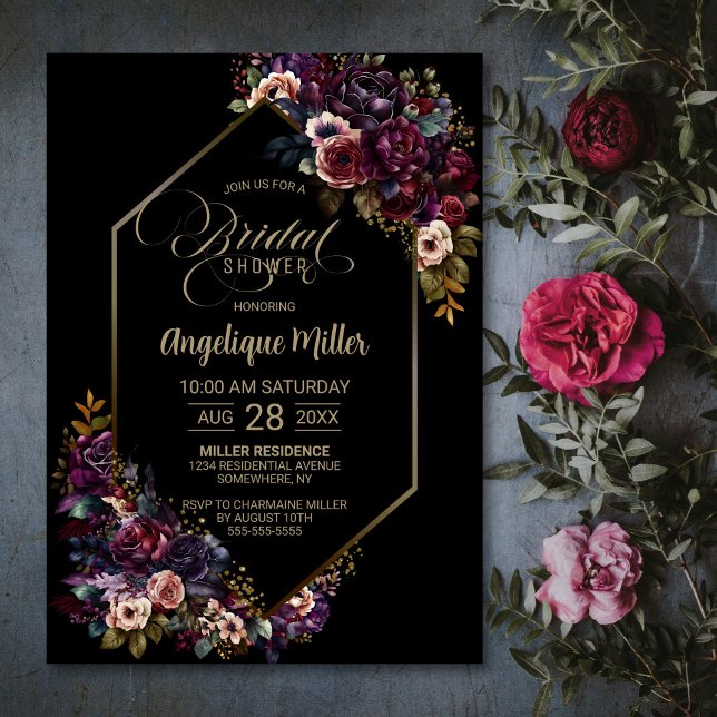 Modern Purple Burgundy Floral Black Bridal Shower Invitation (Creator Uploaded)