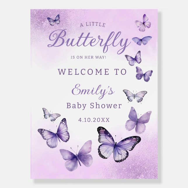 Modern purple Butterfly Girl Baby Shower Welcome  Foam Board (Front)