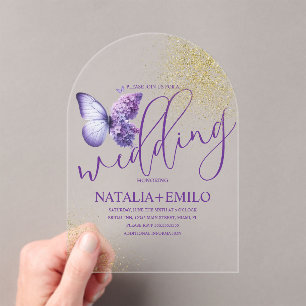 Modern Purple Butterfly  Script Minimal Wedding Acrylic Invitations