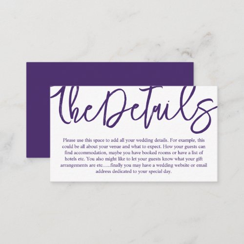 Modern Purple Calligraphy Script Wedding Details   Enclosure Card