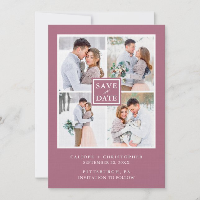 Modern Purple Cassis Photo Collage Save the Date (Front)