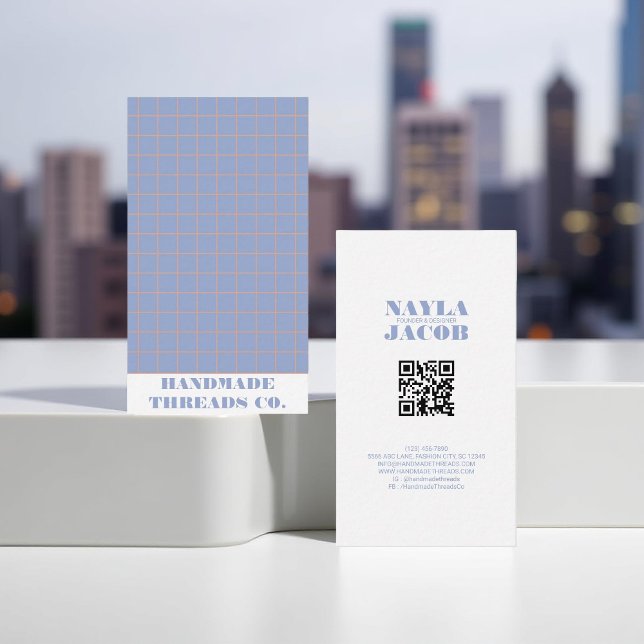 Modern Purple Checkered Pattern QR Code  Business Card (Creator Uploaded)