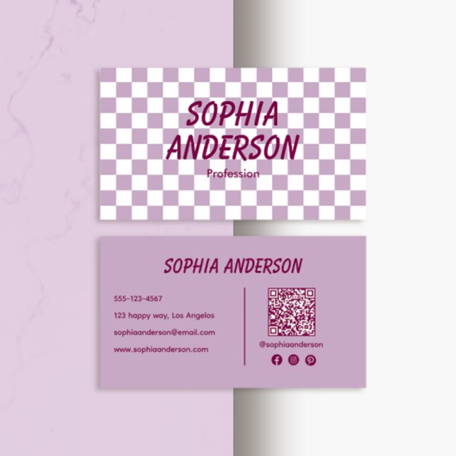 Modern Purple Checkered with QR Code Business Card (Creator Uploaded)