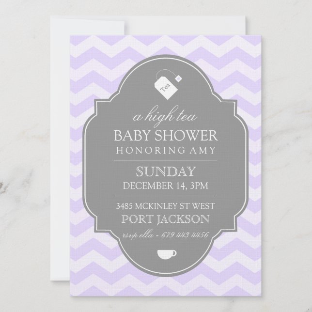 Modern Purple Chevron High Tea Baby Shower Invite (Front)