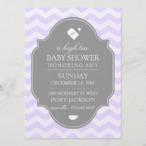 Modern Purple Chevron High Tea Baby Shower Invite
