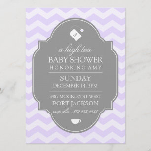 Modern Purple Chevron High Tea Baby Shower Invite