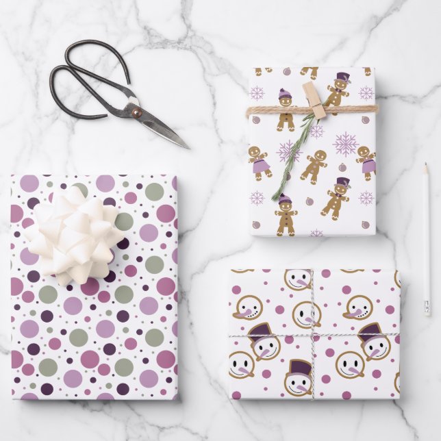 Modern Purple Christmas Snowmen Gingerbread Men Wrapping Paper Sheets (Front)