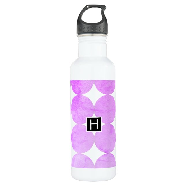 Modern Purple Circles | Monogram Stainless Steel Water Bottle (Front)
