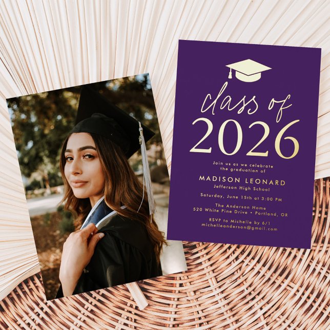 Modern Purple Class of 2026 Graduation Party Foil Invitation (Creator Uploaded)