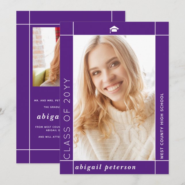 Modern purple Class of 2026 graduation photo Announcement (Front/Back)