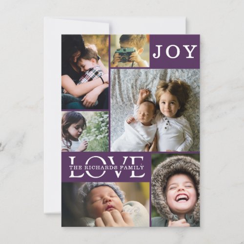 Modern Purple Color Block Family 6 Photo Collage Holiday Card