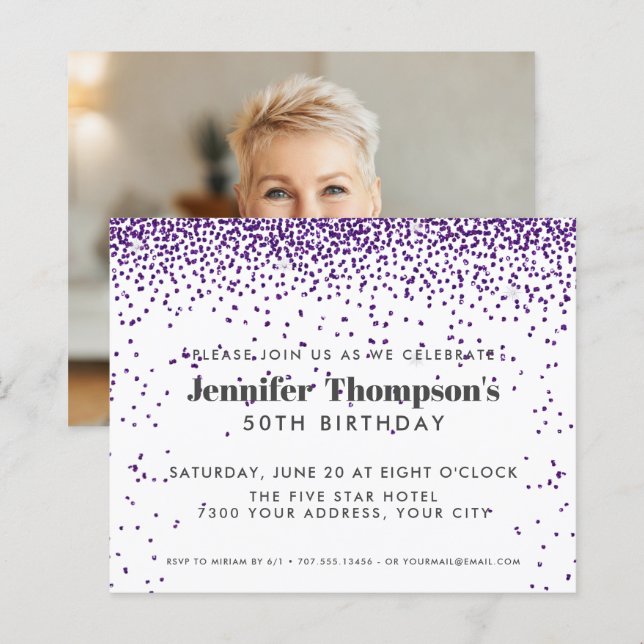 Modern Purple Confetti Glitter 50th Birthday Photo (Front/Back)