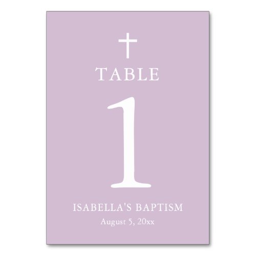 Modern Purple Cross Girl Baptism Table Number Card