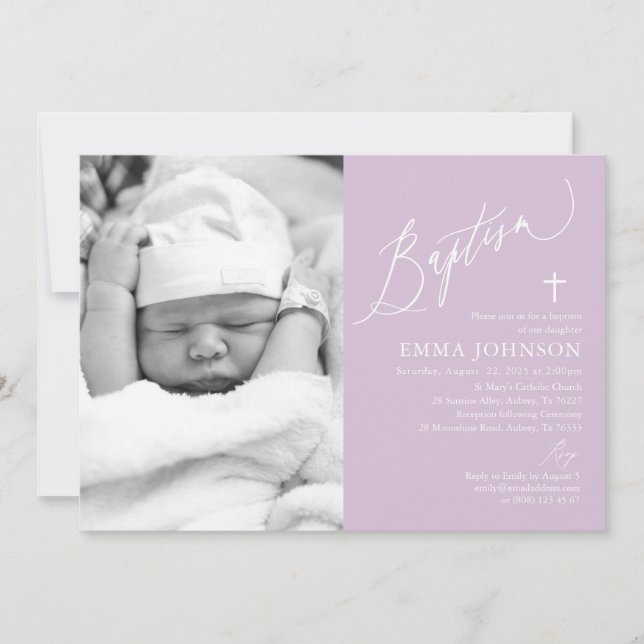 Modern Purple Cross Girl Photo Baptism Invitation (Front)