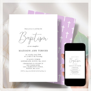 Modern Purple Cross Pattern Baptism Invitation