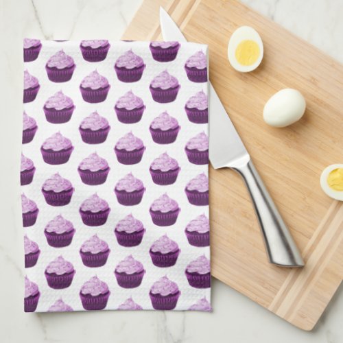 Modern Purple Cupcake Pattern Kitchen Towel