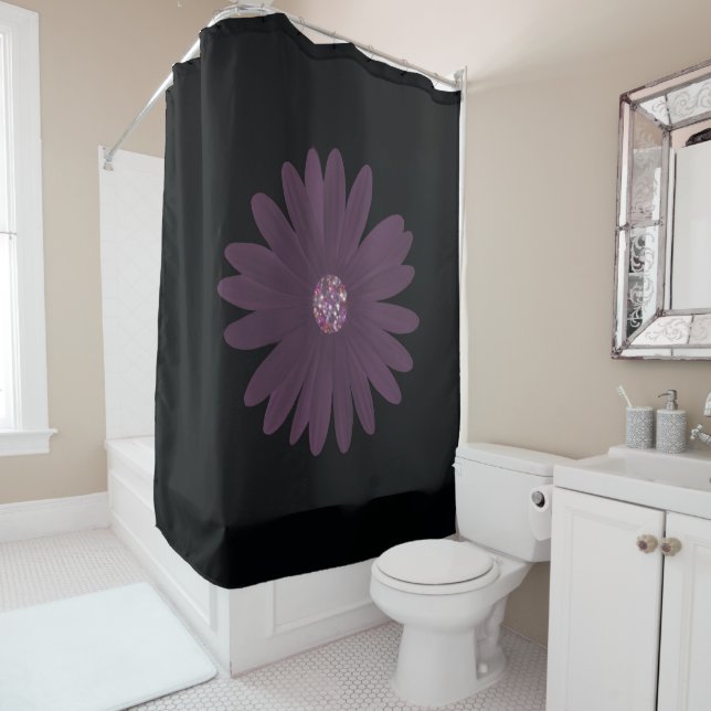 Modern purple daisy with glitter center shower curtain (In Situ)