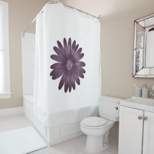 Modern purple daisy with glitter on white shower curtain