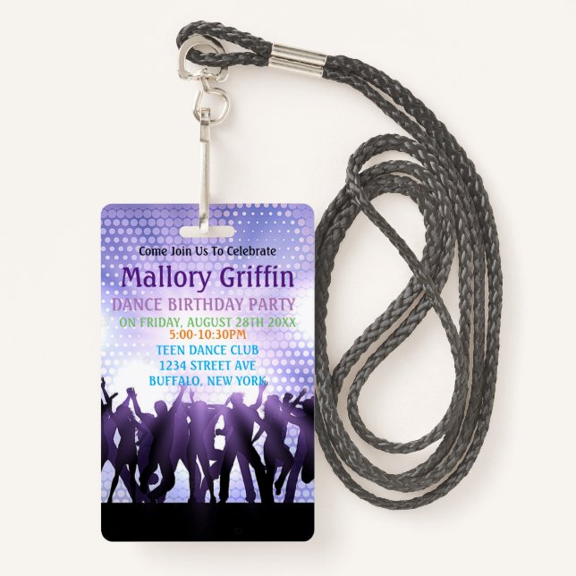 Modern Purple Dance Birthday Party Badge (Front with Lanyard)