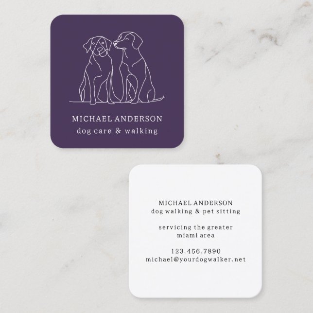 Modern Purple Dog Walking Dog Walker Pet Sitter Square Business Card (Front/Back)