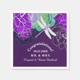 Modern Purple Dragonfly Floral Paper Napkins