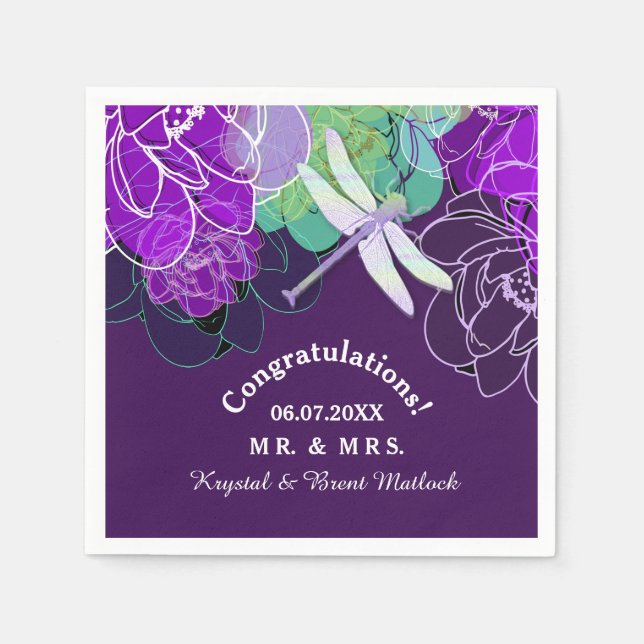 Modern Purple Dragonfly Floral Paper Napkins (Front)