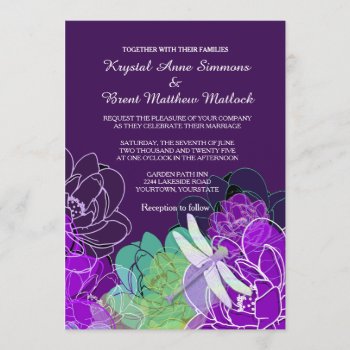 Modern Purple Dragonfly Floral Wedding Invitation by SpiceTree_Weddings at Zazzle