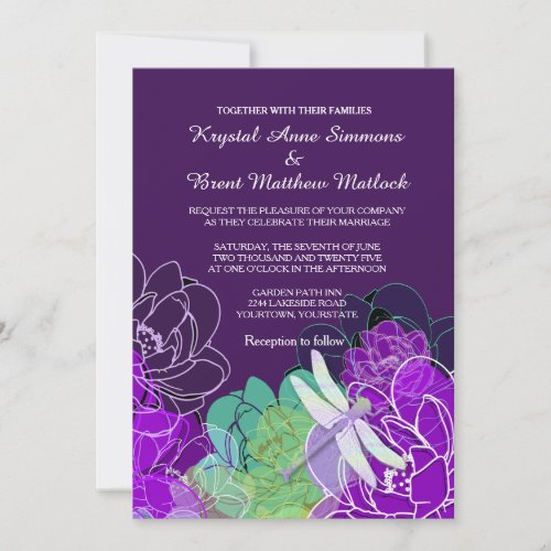 Modern Purple Dragonfly Floral Wedding Invitation