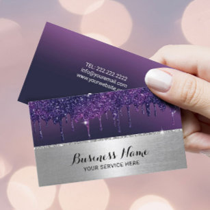 Modern Purple Drips Silver Border Beauty Salon SPA Business Card
