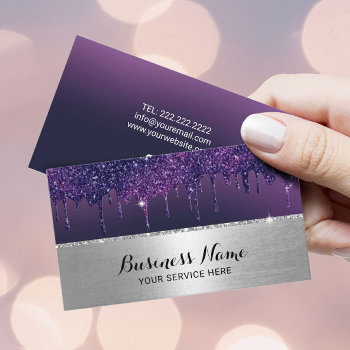Modern Purple Drips Silver Border Beauty Salon Spa Business Card by cardfactory at Zazzle