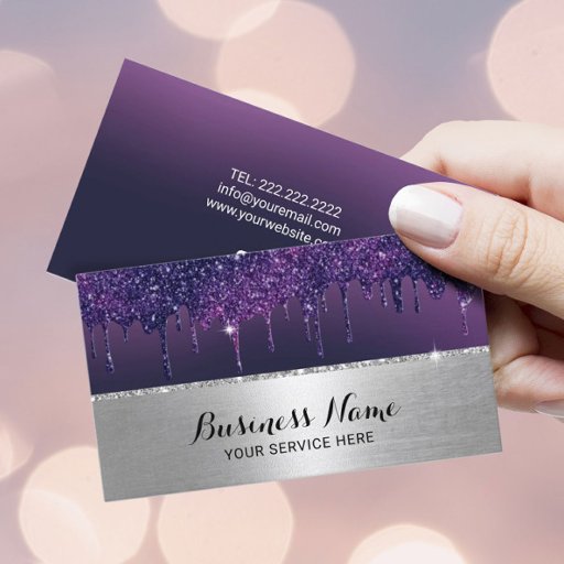 Customizable Modern Purple Drips Silver Border Beauty Salon SPA Business Card