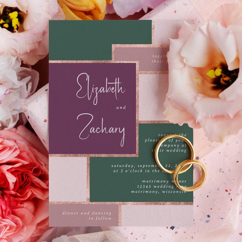 Modern Purple Emerald Green Rose Gold Wedding Invitation