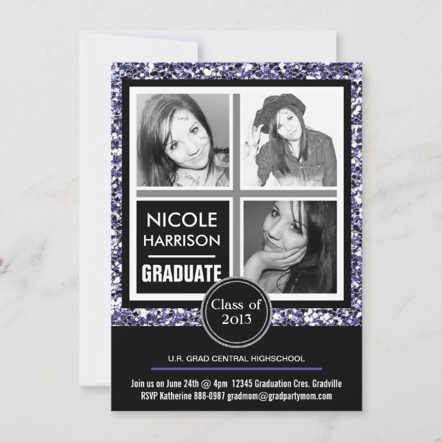 Modern Purple Faux Glitter  3 Photo Graduation Invitation (Front)