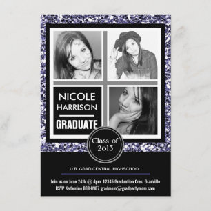 Modern Purple Faux Glitter 3 Photo Graduation Invitation